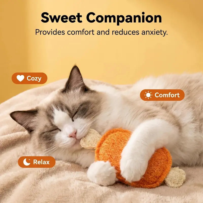 3-Pack Natural Loofah Food-Shape Pet Chew Toys (Chicken Leg, Drumstick, Egg) - Catnip & Silvervine, Antibacterial Molar Teeth Clean, Anxiety Relief, Chew Scratcher, Non-Toxic Biodegradable for Cats, Kittens & Dogs
