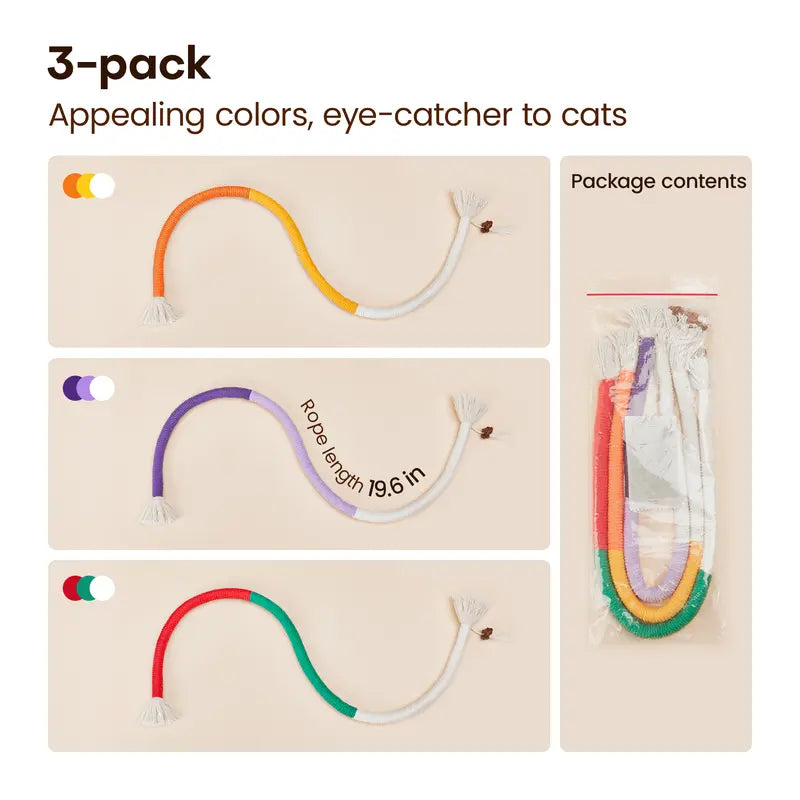 Potaroma 3-Pack Organic Cotton Snake-Shape Interactive Cat Chew Ropes - 3-Pack Value Dental Care Toys for Indoor Kittens, Teeth Cleaning, Indoor Play, Tartar Fight Help, Fresh Breath