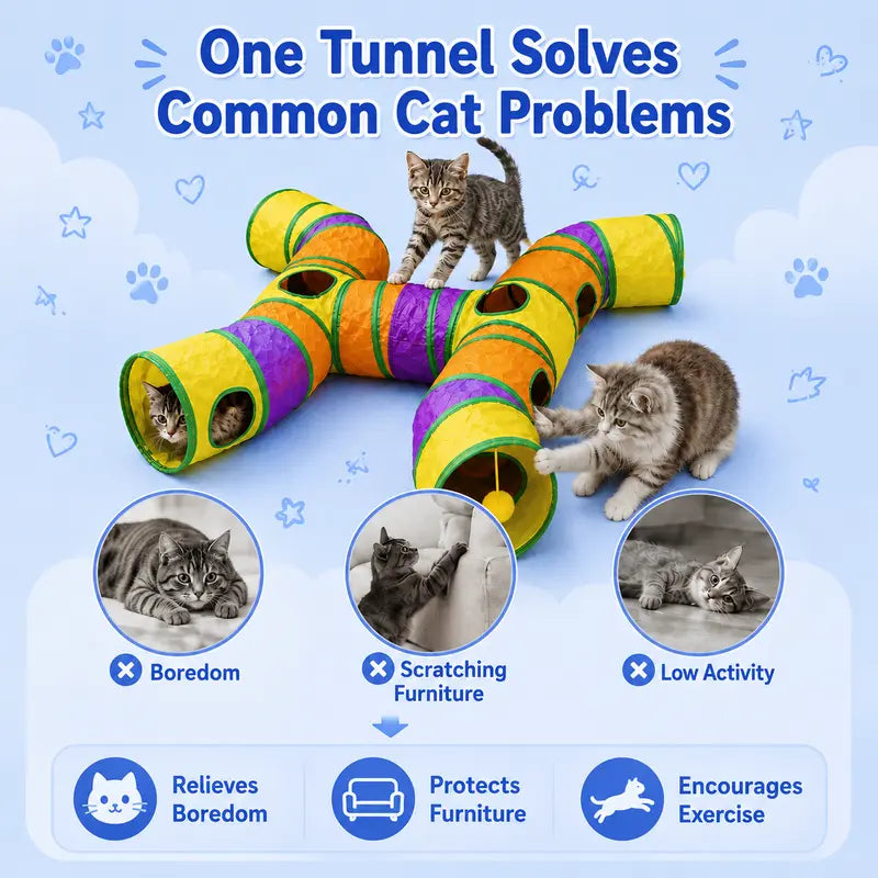14-Way Cat Tunnel for Indoor Cats, Rainbow H-Shape Interactive Play Tunnel with Peek Holes & Ball, Foldable & Collapsible Toy for Cats, Rabbits, Ferrets & Small Pets